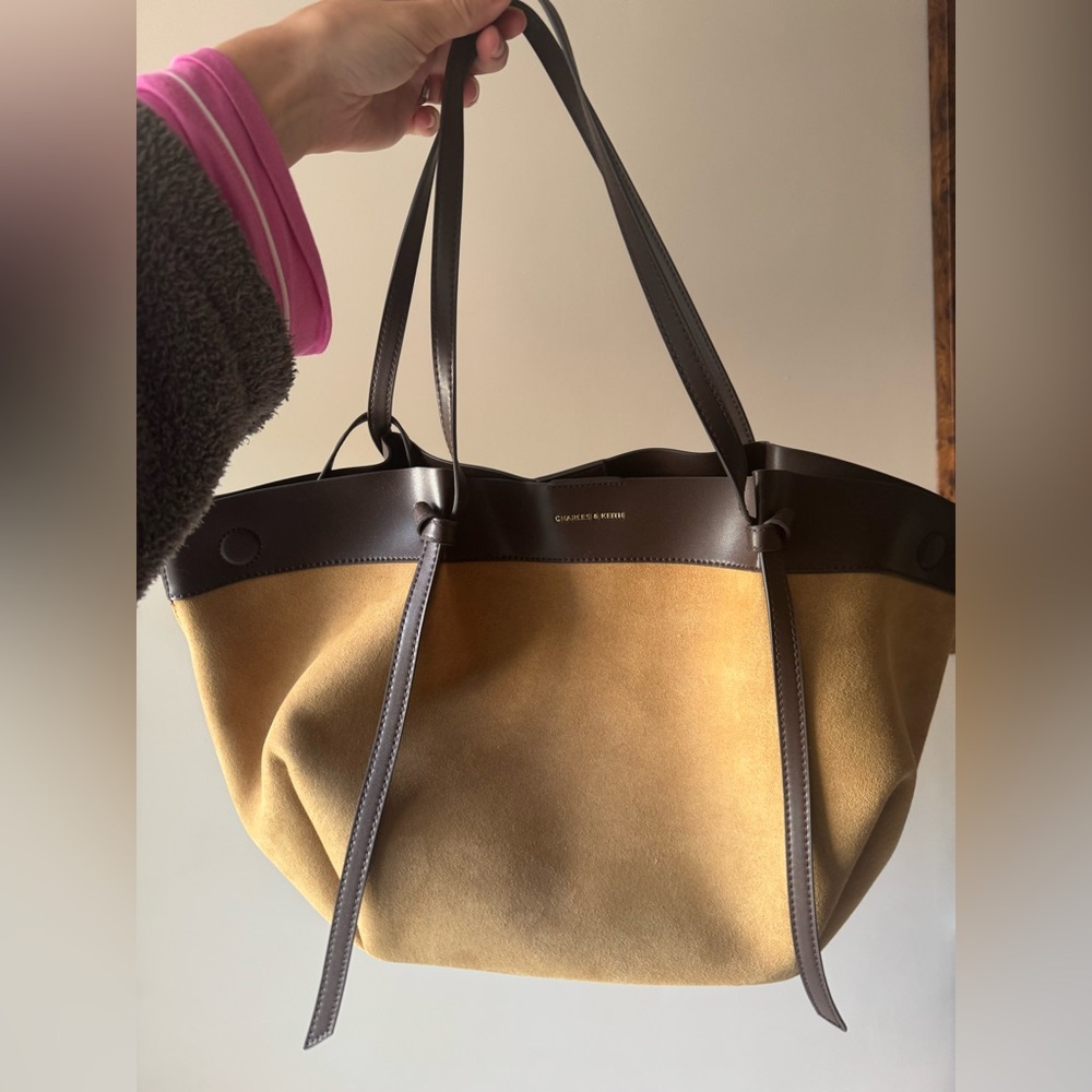 Charles & Keith Tan Suede Tote with Dark Brown Trim
